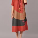 S-5XL Women Casual Short Sleeve Splice Loose O-neck Mid Long Dress